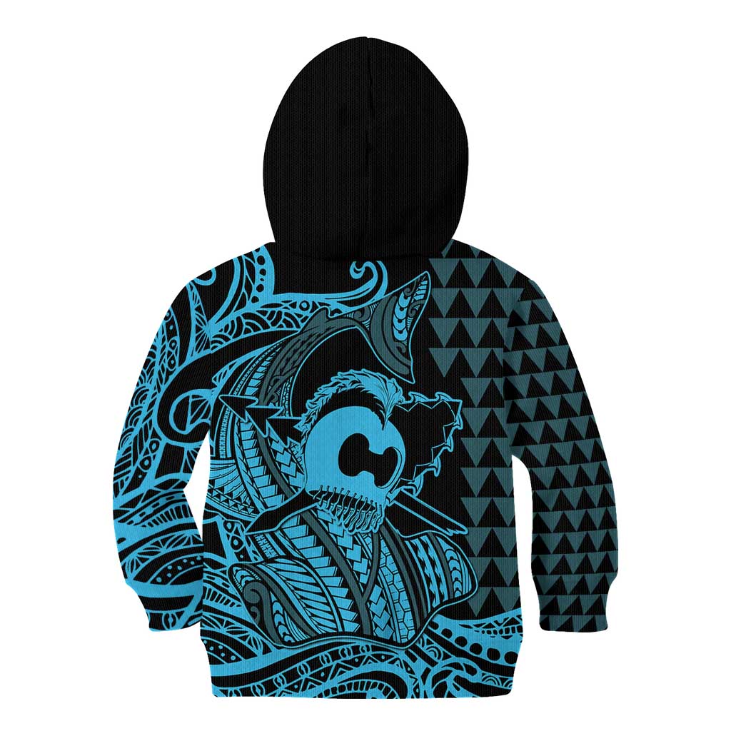 Koa Ikaika Warrior Helmet with Shark Kid Hoodie Blue Kakau Style