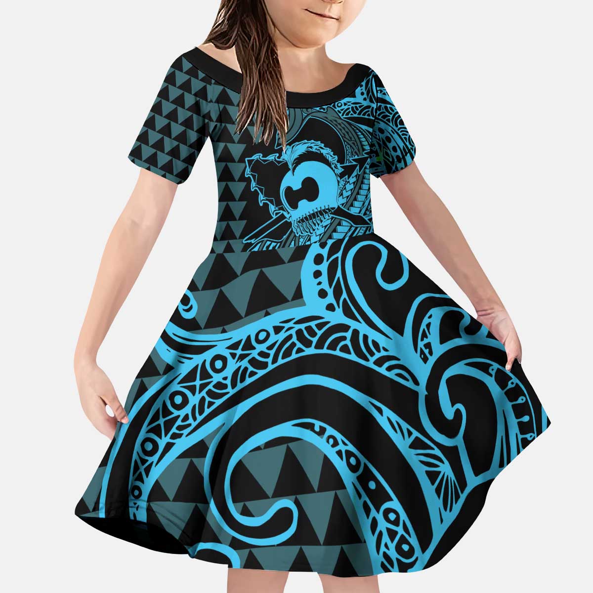 Koa Ikaika Warrior Helmet with Shark Kid Short Sleeve Dress Blue Kakau Style LT9 KID Blue - Polynesian Pride