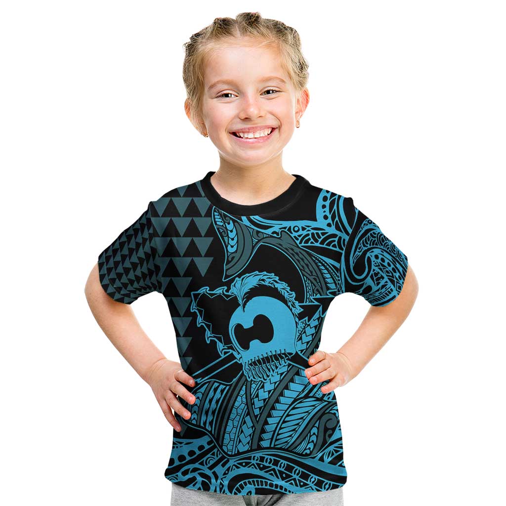 Koa Ikaika Warrior Helmet with Shark Kid T Shirt Blue Kakau Style LT9 Blue - Polynesian Pride