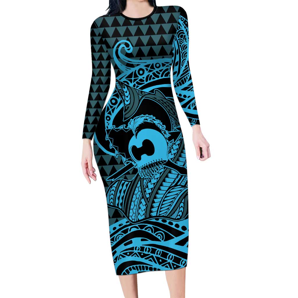 Koa Ikaika Warrior Helmet with Shark Long Sleeve Bodycon Dress Blue Kakau Style