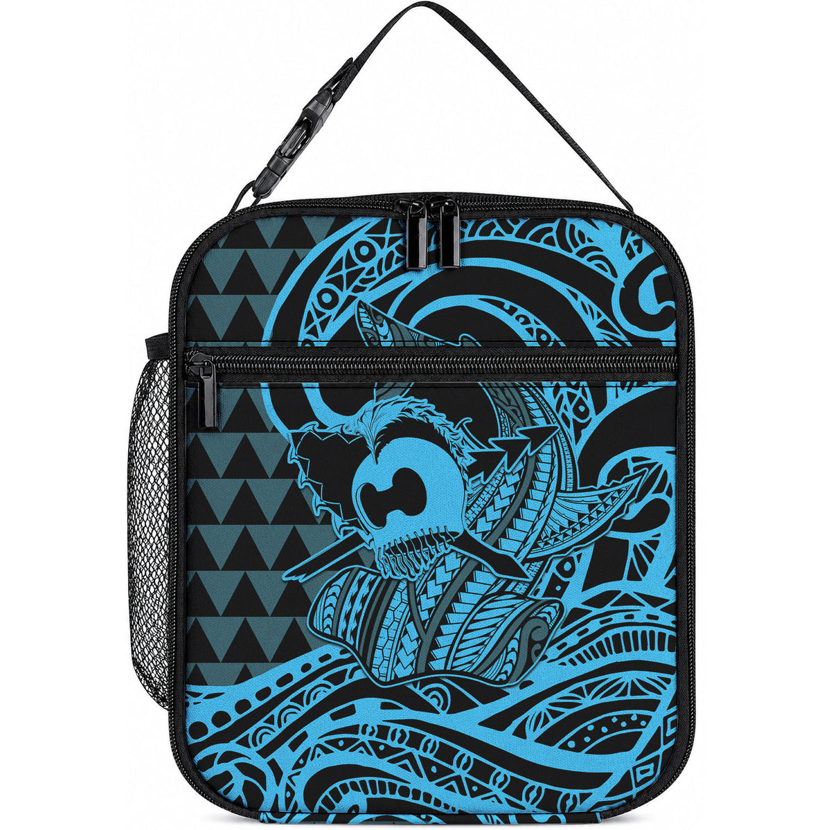 Koa Ikaika Warrior Helmet with Shark Lunch Bag Blue Kakau Style LT9 10.2 × 8.3 × 4.3 inch Blue - Polynesian Pride