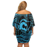 Koa Ikaika Warrior Helmet with Shark Off Shoulder Short Dress Blue Kakau Style