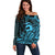 Koa Ikaika Warrior Helmet with Shark Off Shoulder Sweater Blue Kakau Style