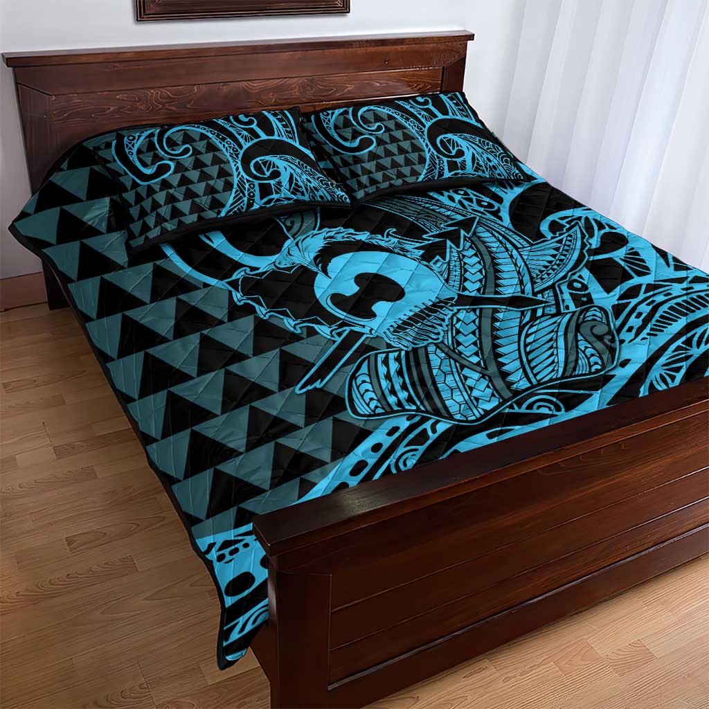 Koa Ikaika Warrior Helmet with Shark Quilt Bed Set Blue Kakau Style