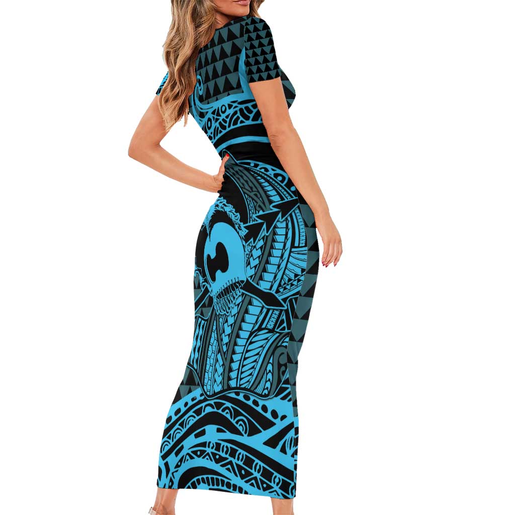 Koa Ikaika Warrior Helmet with Shark Short Sleeve Bodycon Dress Blue Kakau Style