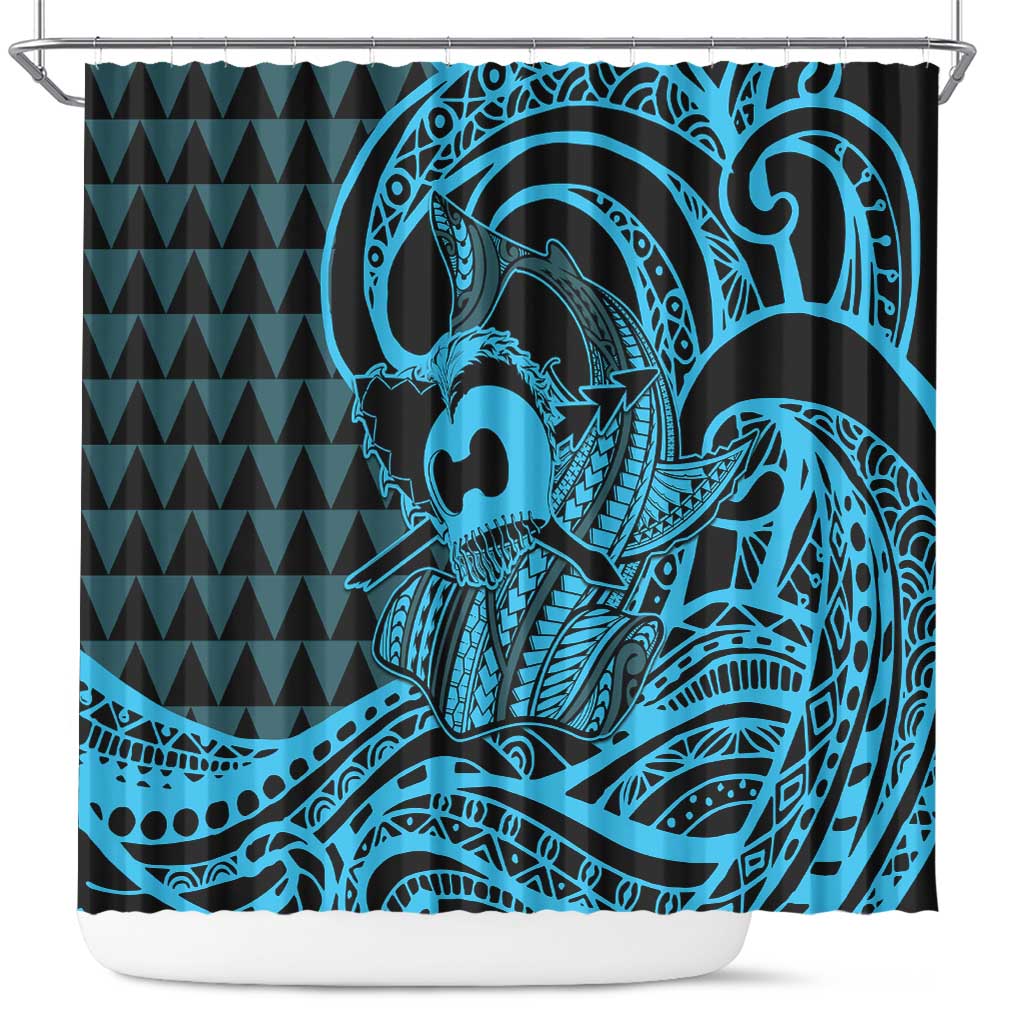 Koa Ikaika Warrior Helmet with Shark Shower Curtain Blue Kakau Style