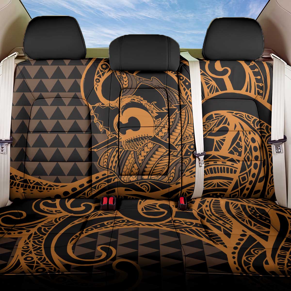 Koa Ikaika Warrior Helmet with Shark Back Car Seat Cover Gold Kakau Style