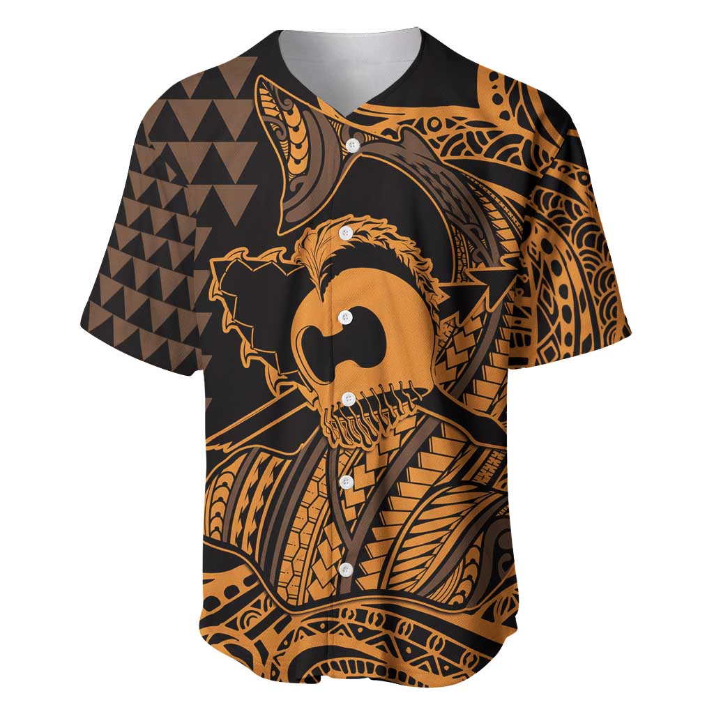 Koa Ikaika Warrior Helmet with Shark Baseball Jersey Gold Kakau Style