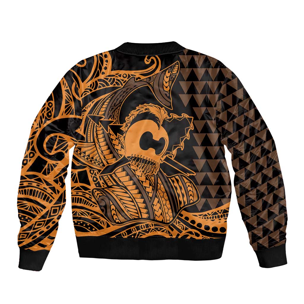 Koa Ikaika Warrior Helmet with Shark Bomber Jacket Gold Kakau Style