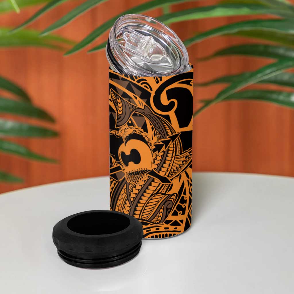 Koa Ikaika Warrior Helmet with Shark 4 in 1 Can Cooler Tumbler Gold Kakau Style