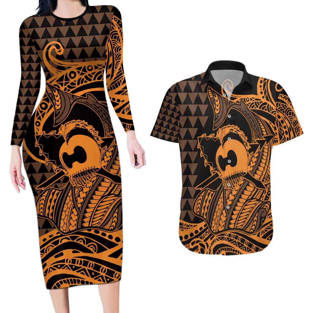 Koa Ikaika Warrior Helmet with Shark Couples Matching Long Sleeve Bodycon Dress and Hawaiian Shirt Gold Kakau Style LT9 Gold - Polynesian Pride