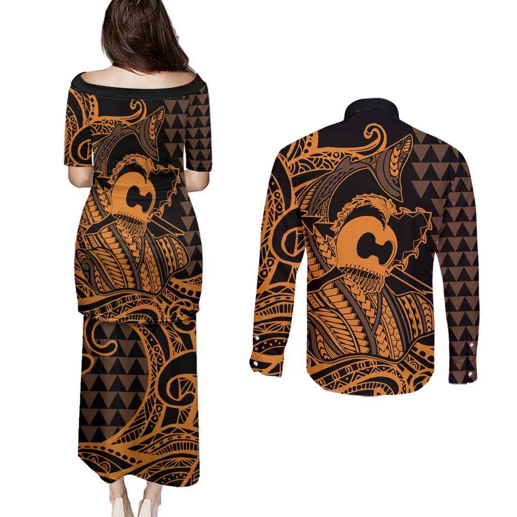 Koa Ikaika Warrior Helmet with Shark Couples Matching Puletasi and Long Sleeve Button Shirt Gold Kakau Style