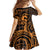 Koa Ikaika Warrior Helmet with Shark Family Matching Off The Shoulder Long Sleeve Dress and Hawaiian Shirt Gold Kakau Style