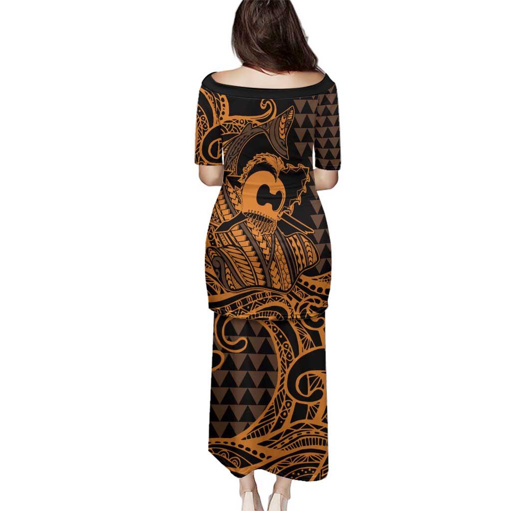 Koa Ikaika Warrior Helmet with Shark Family Matching Puletasi and Hawaiian Shirt Gold Kakau Style