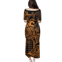 Koa Ikaika Warrior Helmet with Shark Family Matching Puletasi and Hawaiian Shirt Gold Kakau Style