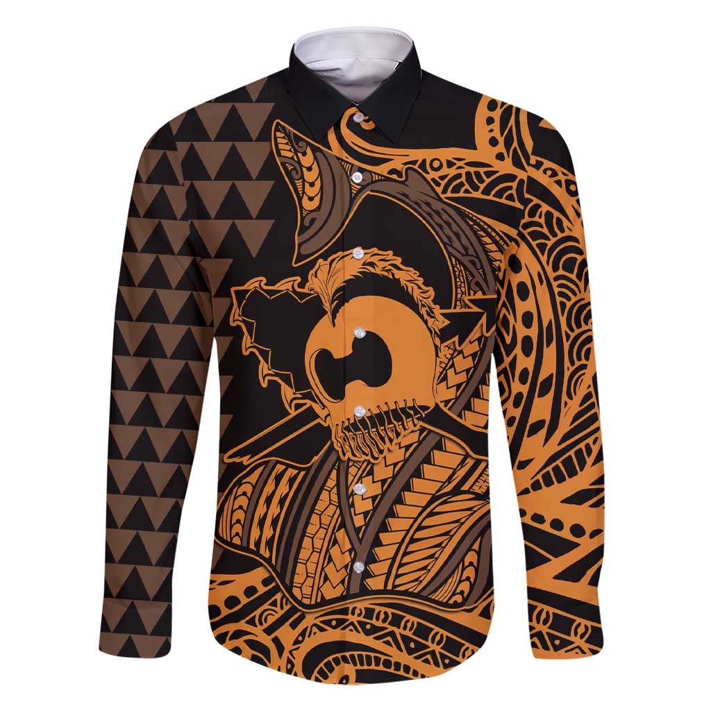 Koa Ikaika Warrior Helmet with Shark Family Matching Short Sleeve Bodycon Dress and Hawaiian Shirt Gold Kakau Style