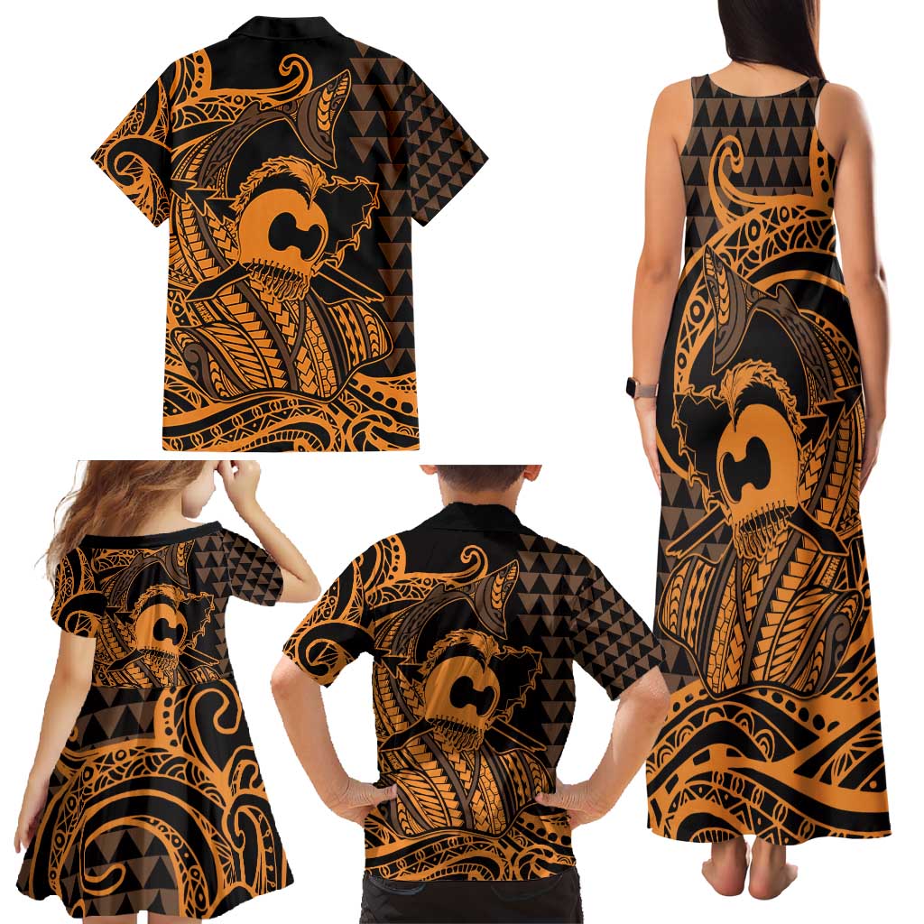 Koa Ikaika Warrior Helmet with Shark Family Matching Tank Maxi Dress and Hawaiian Shirt Gold Kakau Style