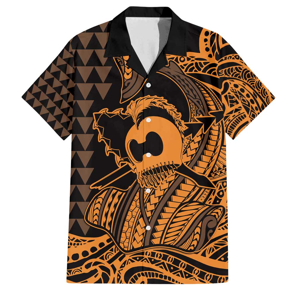 Koa Ikaika Warrior Helmet with Shark Family Matching Tank Maxi Dress and Hawaiian Shirt Gold Kakau Style