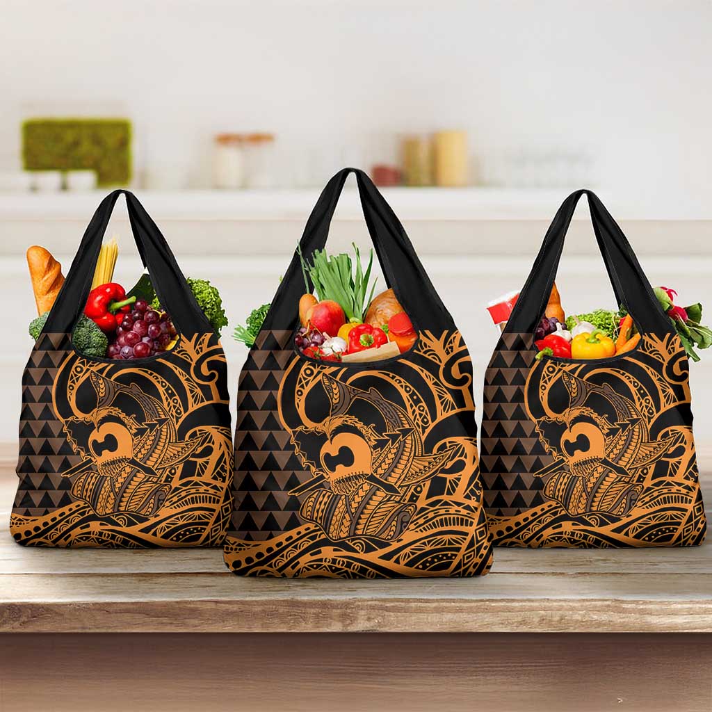 Koa Ikaika Warrior Helmet with Shark Grocery Bag Gold Kakau Style