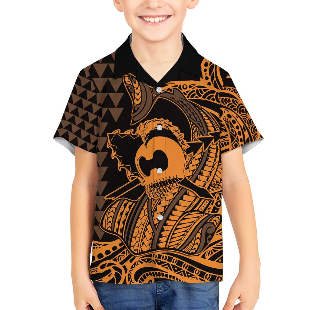 Koa Ikaika Warrior Helmet with Shark Kid Hawaiian Shirt Gold Kakau Style LT9 Kid Gold - Polynesian Pride