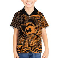 Koa Ikaika Warrior Helmet with Shark Kid Hawaiian Shirt Gold Kakau Style LT9 Kid Gold - Polynesian Pride
