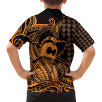 Koa Ikaika Warrior Helmet with Shark Kid Hawaiian Shirt Gold Kakau Style LT9 - Polynesian Pride