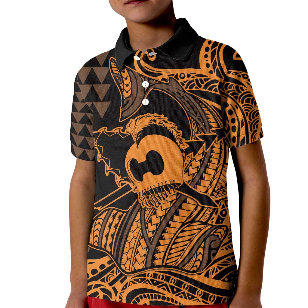 Koa Ikaika Warrior Helmet with Shark Kid Polo Shirt Gold Kakau Style LT9 Kid Gold - Polynesian Pride