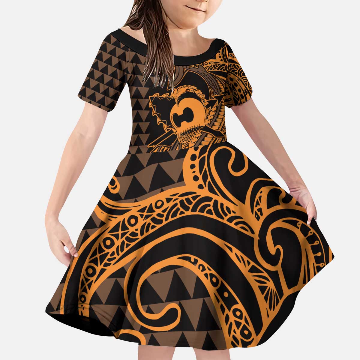 Koa Ikaika Warrior Helmet with Shark Kid Short Sleeve Dress Gold Kakau Style LT9 KID Gold - Polynesian Pride