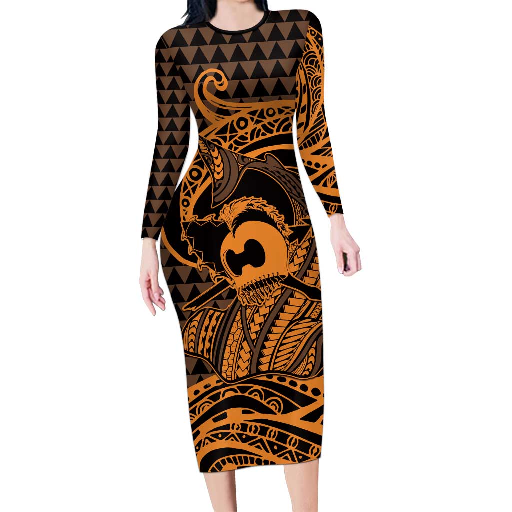 Koa Ikaika Warrior Helmet with Shark Long Sleeve Bodycon Dress Gold Kakau Style