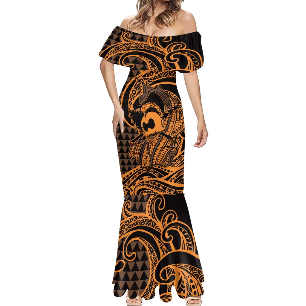 Koa Ikaika Warrior Helmet with Shark Mermaid Dress Gold Kakau Style LT9 - Polynesian Pride