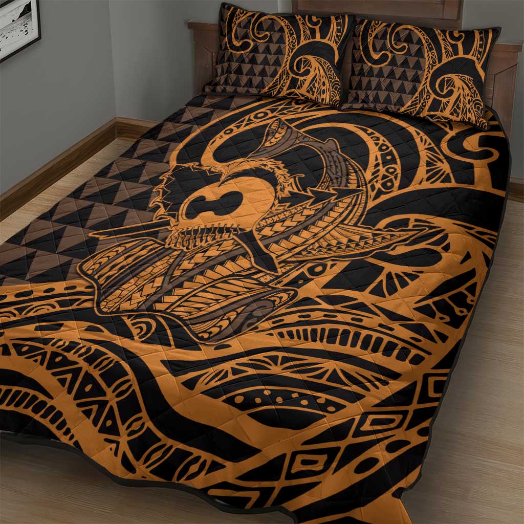Koa Ikaika Warrior Helmet with Shark Quilt Bed Set Gold Kakau Style