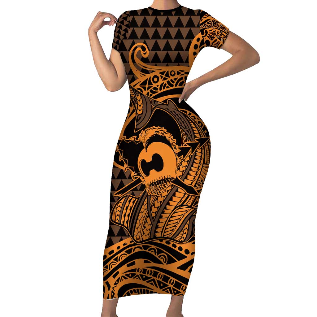 Koa Ikaika Warrior Helmet with Shark Short Sleeve Bodycon Dress Gold Kakau Style