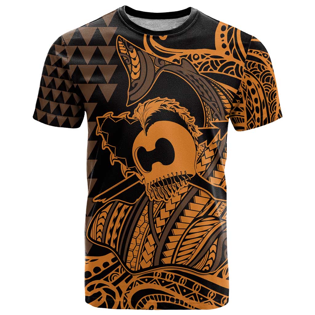 Koa Ikaika Warrior Helmet with Shark T Shirt Gold Kakau Style