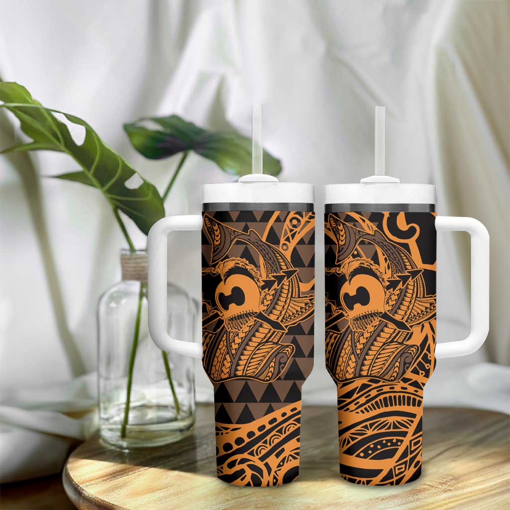 Koa Ikaika Warrior Helmet with Shark Tumbler With Handle Gold Kakau Style