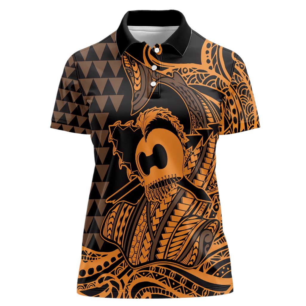 Koa Ikaika Warrior Helmet with Shark Women Polo Shirt Gold Kakau Style