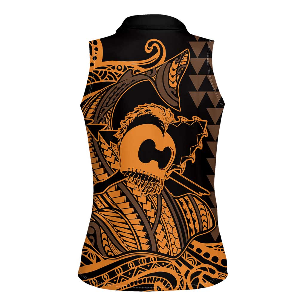 Koa Ikaika Warrior Helmet with Shark Women Sleeveless Polo Shirt Gold Kakau Style LT9 - Polynesian Pride