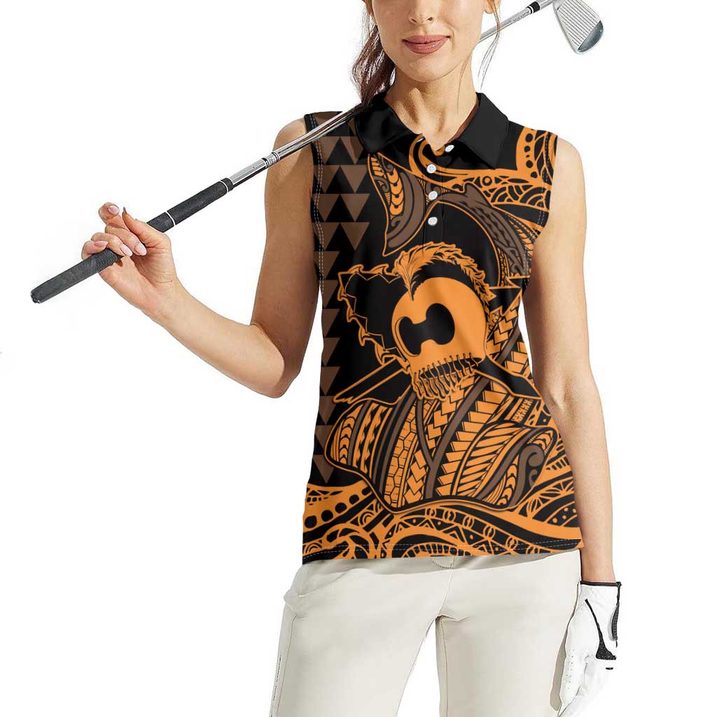 Koa Ikaika Warrior Helmet with Shark Women Sleeveless Polo Shirt Gold Kakau Style LT9 - Polynesian Pride