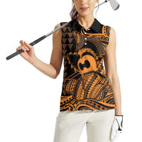 Koa Ikaika Warrior Helmet with Shark Women Sleeveless Polo Shirt Gold Kakau Style LT9 - Polynesian Pride