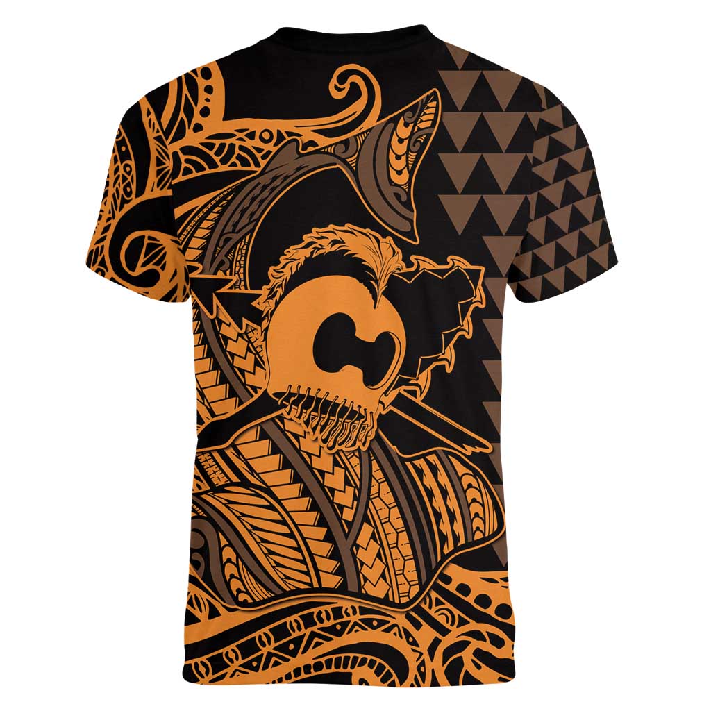 Koa Ikaika Warrior Helmet with Shark Women V-Neck T-Shirt Gold Kakau Style LT9 - Polynesian Pride