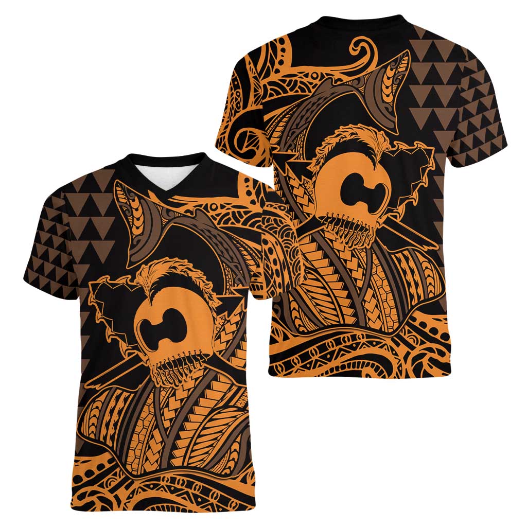 Koa Ikaika Warrior Helmet with Shark Women V-Neck T-Shirt Gold Kakau Style LT9 - Polynesian Pride