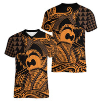Koa Ikaika Warrior Helmet with Shark Women V-Neck T-Shirt Gold Kakau Style LT9 - Polynesian Pride