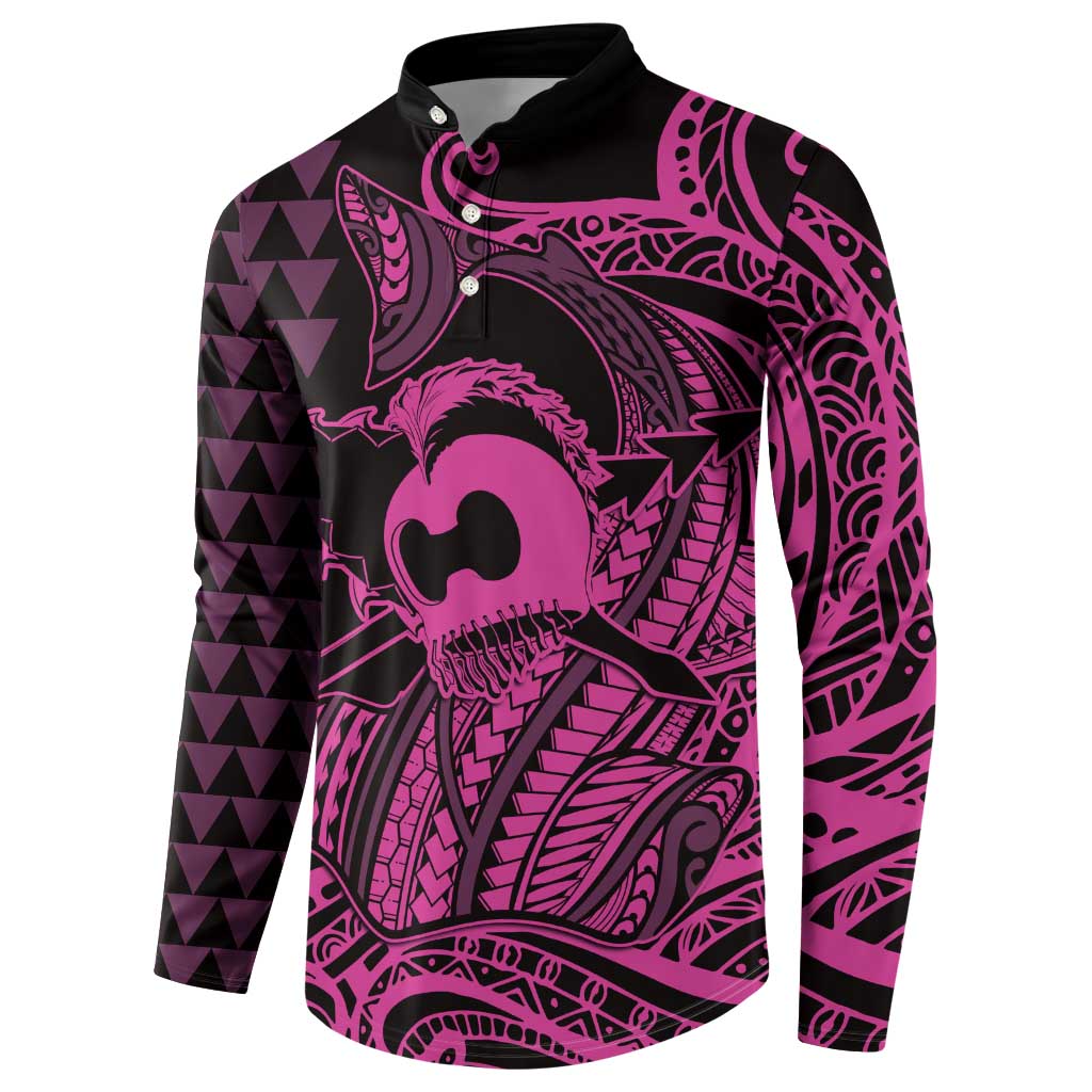 Koa Ikaika Warrior Helmet with Shark Button Sweatshirt Pink Kakau Style