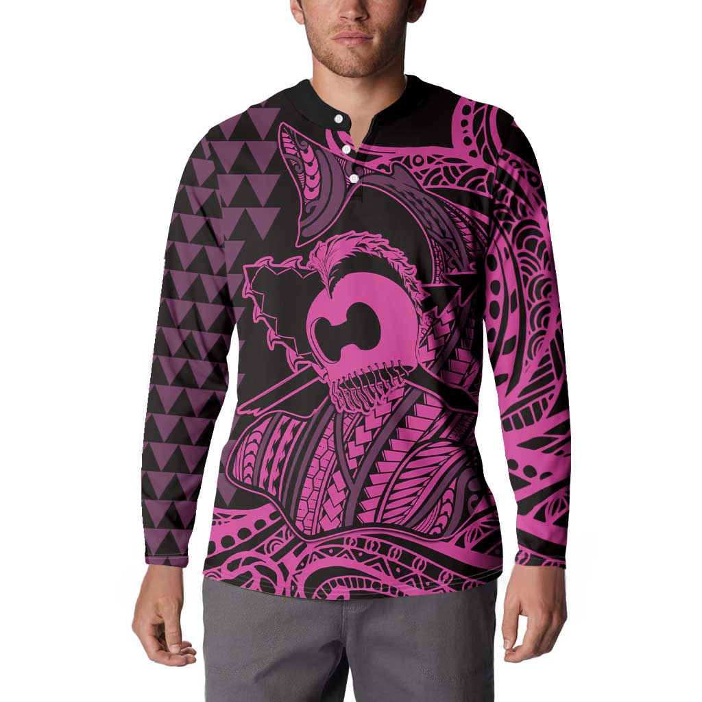 Koa Ikaika Warrior Helmet with Shark Button Sweatshirt Pink Kakau Style