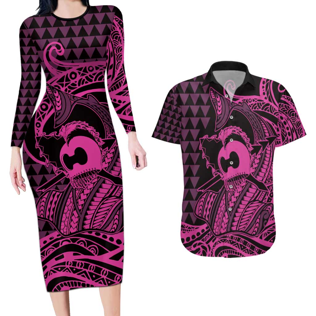 Koa Ikaika Warrior Helmet with Shark Couples Matching Long Sleeve Bodycon Dress and Hawaiian Shirt Pink Kakau Style LT9 Pink - Polynesian Pride