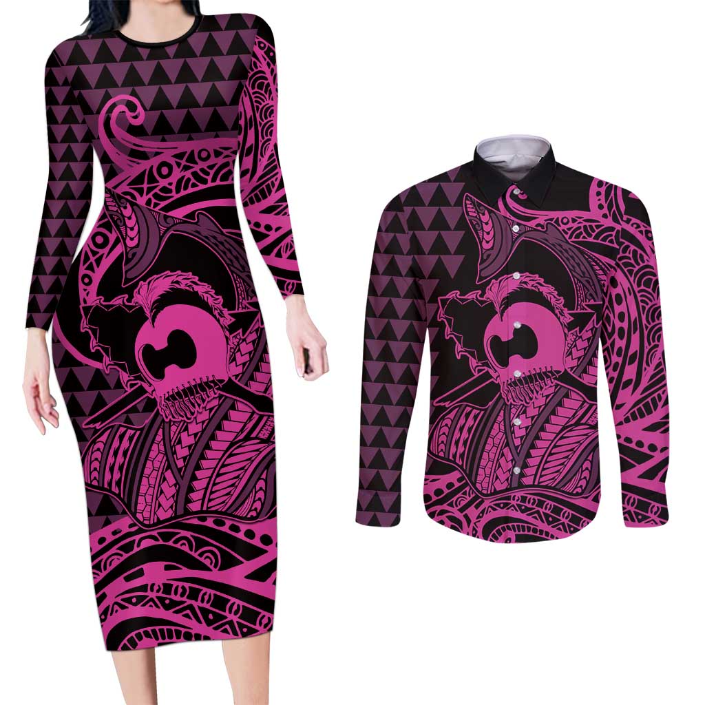 Koa Ikaika Warrior Helmet with Shark Couples Matching Long Sleeve Bodycon Dress and Long Sleeve Button Shirt Pink Kakau Style