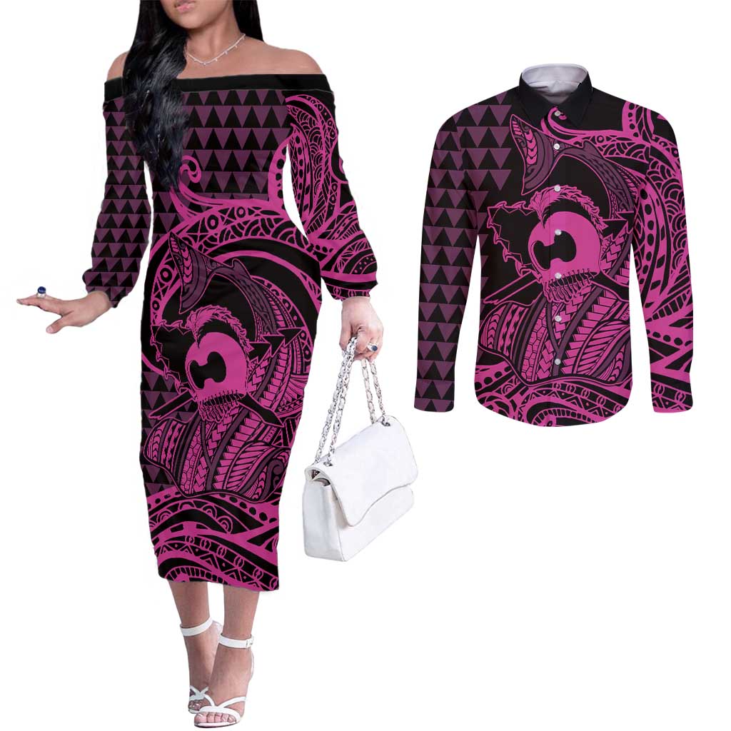 Koa Ikaika Warrior Helmet with Shark Couples Matching Off The Shoulder Long Sleeve Dress and Long Sleeve Button Shirt Pink Kakau Style