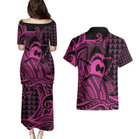 Koa Ikaika Warrior Helmet with Shark Couples Matching Puletasi and Hawaiian Shirt Pink Kakau Style LT9 - Polynesian Pride