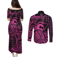 Koa Ikaika Warrior Helmet with Shark Couples Matching Puletasi and Long Sleeve Button Shirt Pink Kakau Style