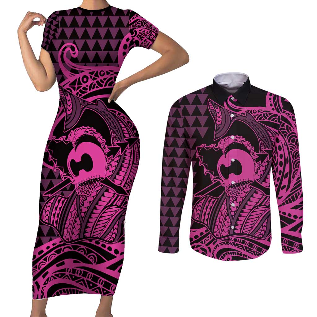 Koa Ikaika Warrior Helmet with Shark Couples Matching Short Sleeve Bodycon Dress and Long Sleeve Button Shirt Pink Kakau Style