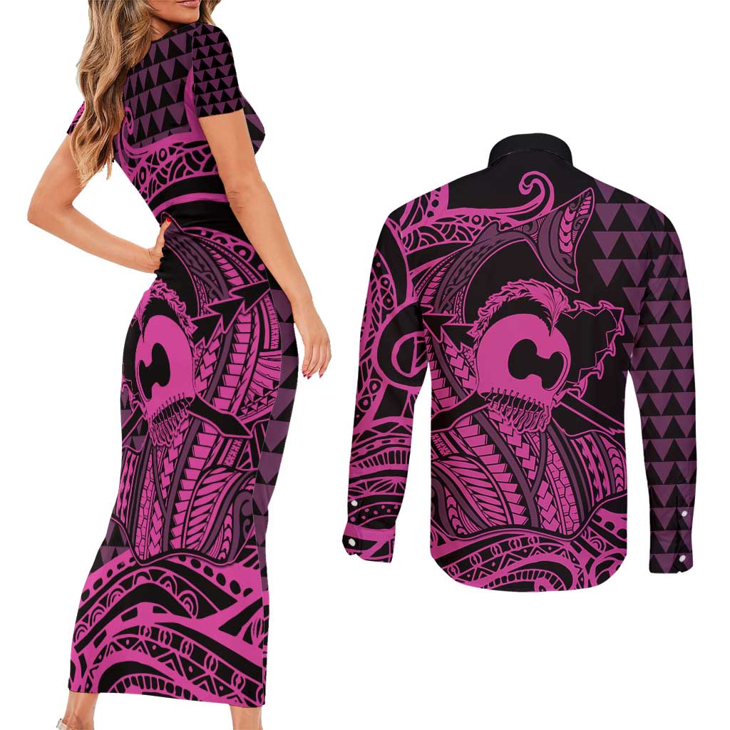 Koa Ikaika Warrior Helmet with Shark Couples Matching Short Sleeve Bodycon Dress and Long Sleeve Button Shirt Pink Kakau Style